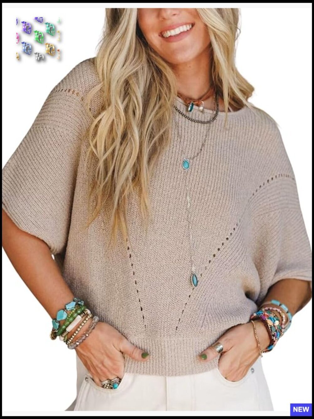 Women's Knit Sweater Top Half Batwing Sleeve Crew Neck Crochet Pullover Loose